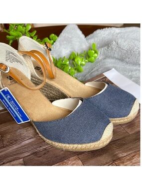 White Mountain Blue Canvas Espadrille Wedge Sandals with Tan Ankle Straps